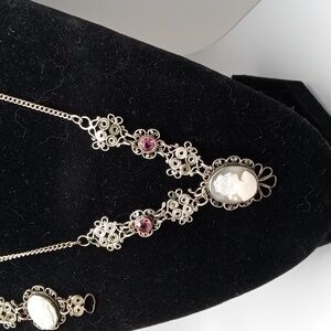 Vintage silver toned filigree cameo necklace and matching bracelet
